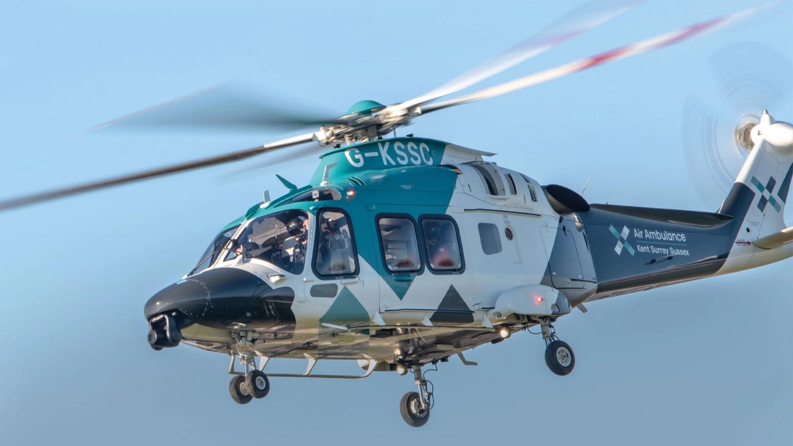 Air Ambulance KSS helicopter hovering in the sky relatively close up