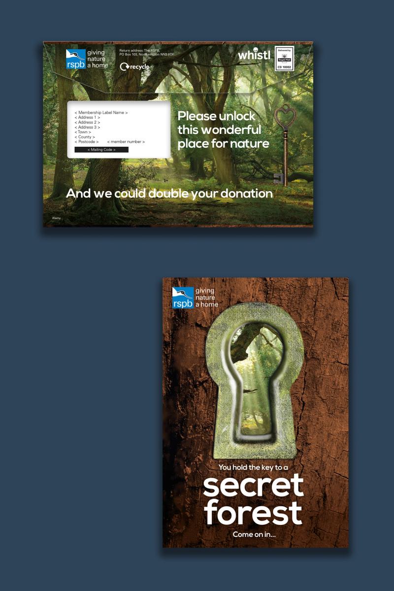 RSPB Secret Forest campaign envelope front and reverse mockups in a composition with the caption "You hold the key to a secret forest".