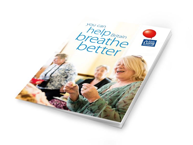 British Lung Foundation, Breather Better campaign - A leaflet mockup with the image of a smiling woman at an indoor event with the caption "You can help Britain breathe better".