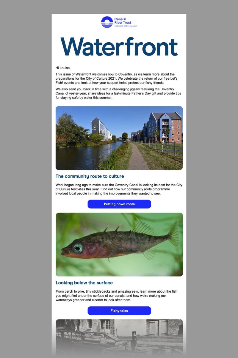 Canal & River Trust email campaign showing stories with the title 'Waterfront'.