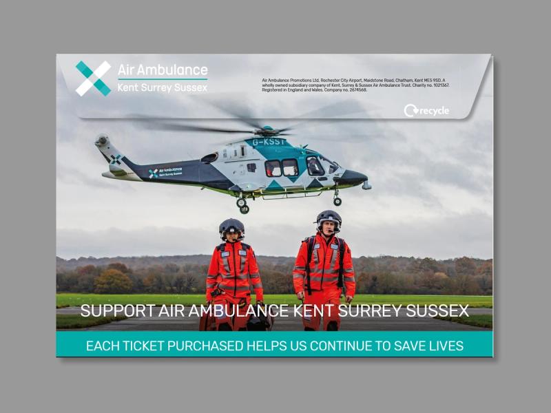 KSS Air Ambulance Summer draw campaign envelope reverse with the caption "Support air ambulance Kent Surrey Sussex".
