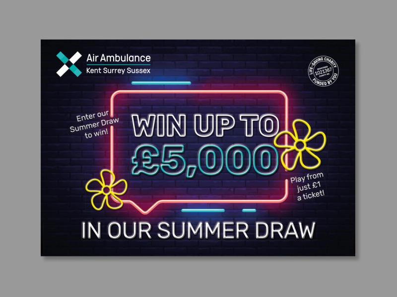 KSS Air Ambulance Summer draw campaign envelope front with the caption "Win up to £5,000 in our Summer draw".