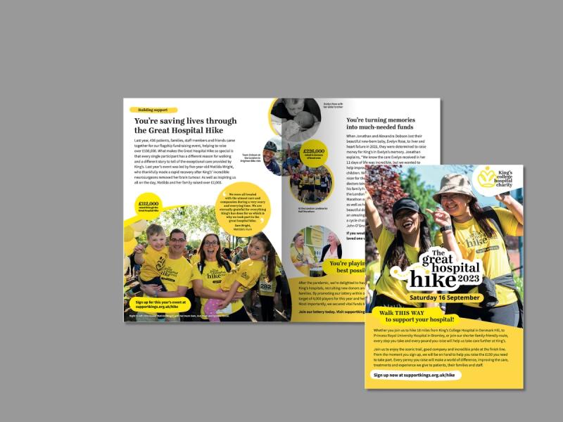 King's College Hospital Charity - Impact report mailer displaying images of people in bright yellow t-shirts with campaign information.