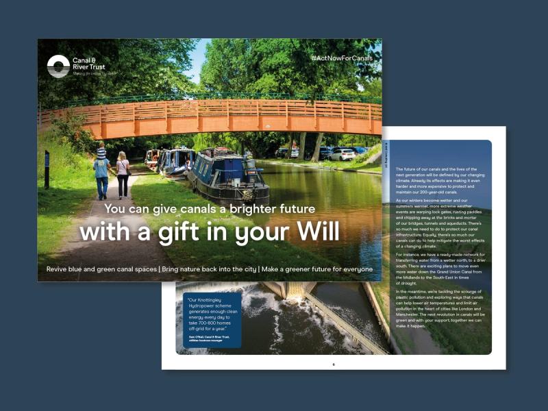 Canal & River Trust legacy engagement landscape brochure pages laid on top of each other with the top page reading "You can give canals a brighter future with a gift in your Will".