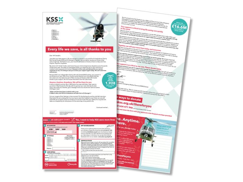 KSS Air Ambulance - Anyone. Anytime. Anywhere campaign letter with a donation form and the message - Every life we save, is all thanks to you.