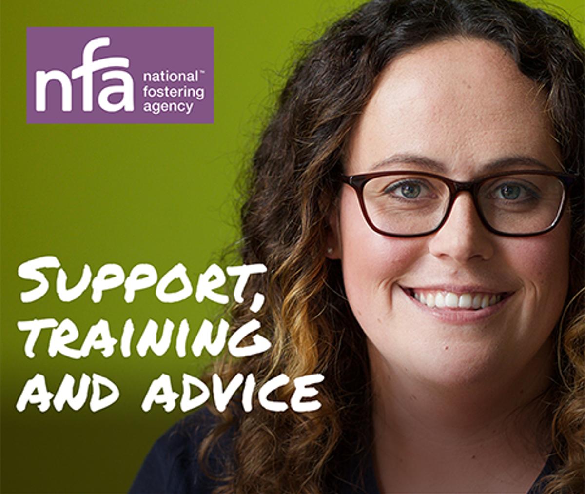 National Fostering Agency campaign web advert frame showing a smiling carer wearing glasses with the caption "Support, training and advice".