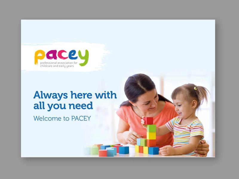 PACEY envelope front with an image of a nursery teacher and a young girl stacking wooden blocks with the caption "Always here with all you need".