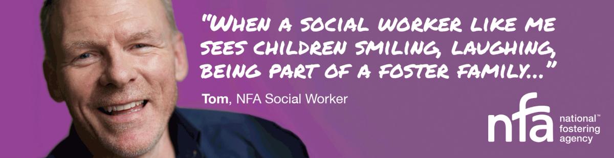 National Fostering Agency campaign web banner showing a smiling man on a purple background with a quote.
