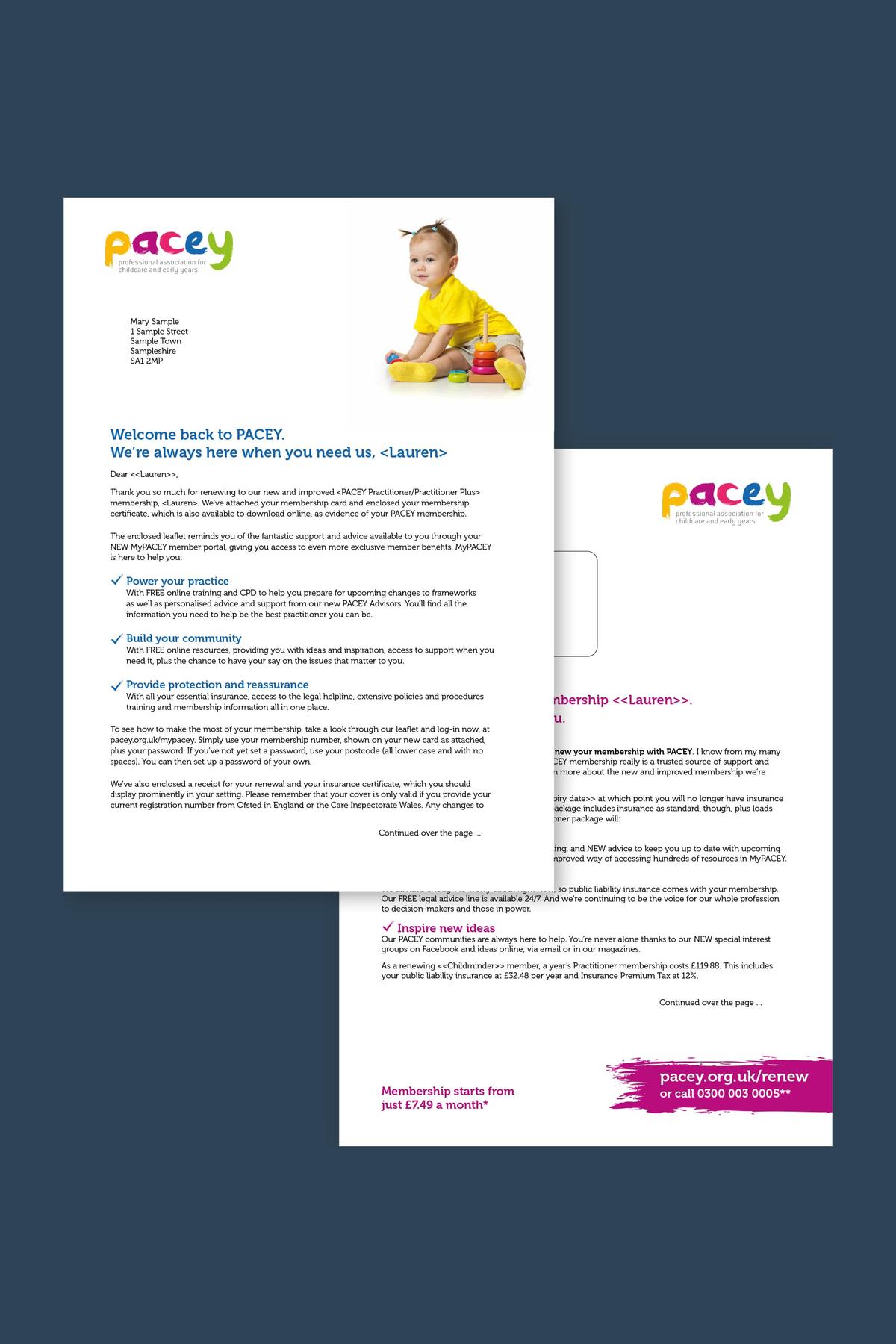 PACEY two membership renewal letters stacked on top of each other.