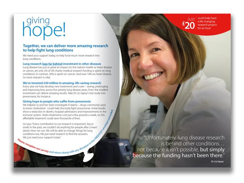 British Lung Foundation, Breather Better campaign - A leaflet inner spread with the image of a smiling woman facing the camera with the caption "Giving hope!".