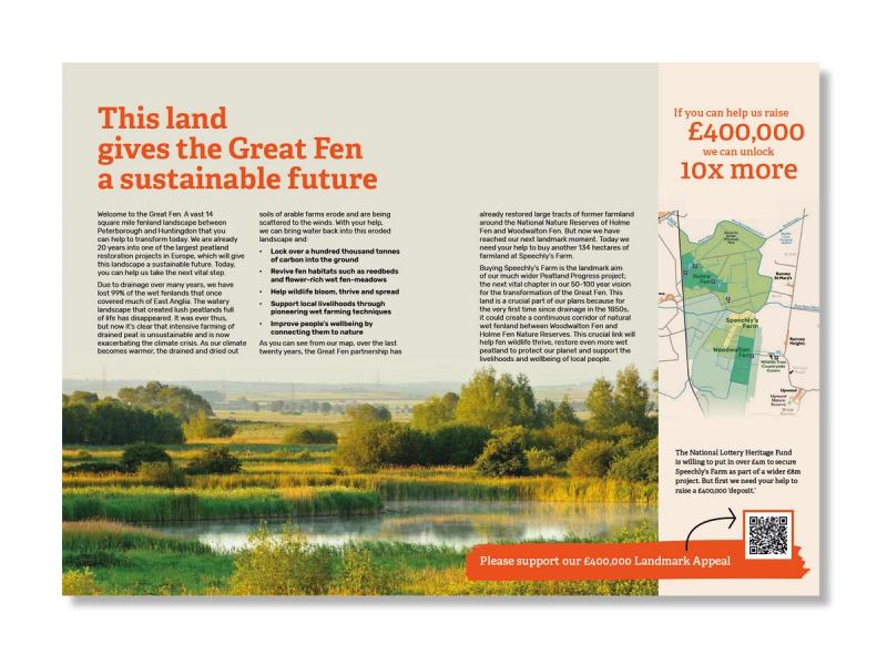 The Wildlife Trust - Brochure spread showing an image of a the Great Fen landscape with the caption "This land gives the Great Fen a sustainable future".