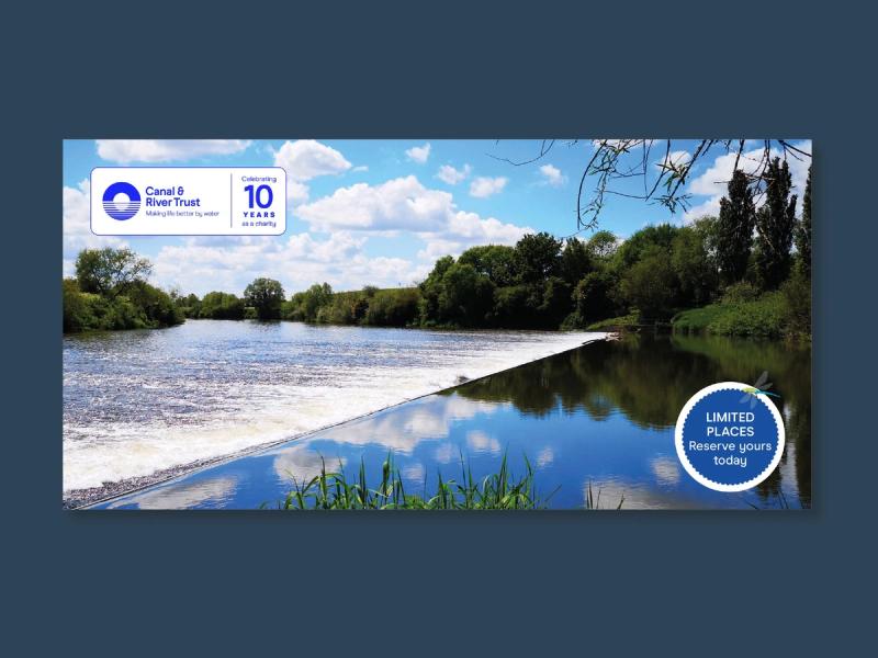 Canal & River Trust legacy engagement envelope front showing a flowing weir with blue skies and clouds above.