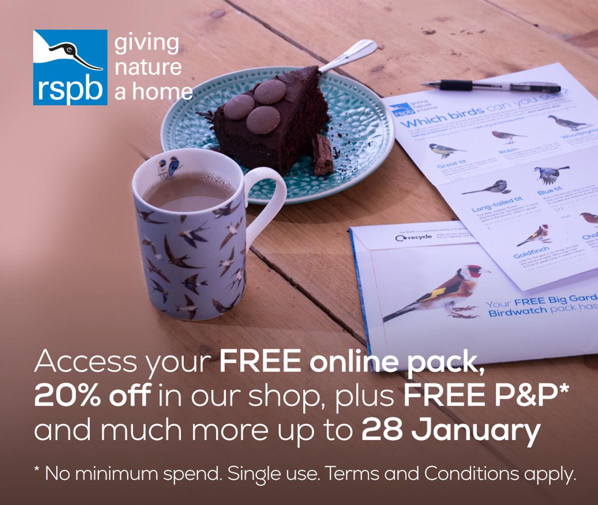 RSPB Big Garden Bird Watch campaign slider showing a table with tea, cake and RSPB literature with the caption "Access your FREE online pack, 20% off in our shop, plus FREE P&P* and much more up to 28 January".