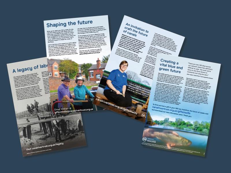 Canal & River Trust legacy engagement brochure single pages that are laid on top of each other.