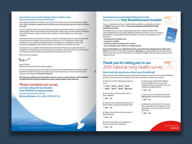 British Lung Foundation, Breather Better campaign - A folding letter inner spread with campaign text, messaging and a donation form.