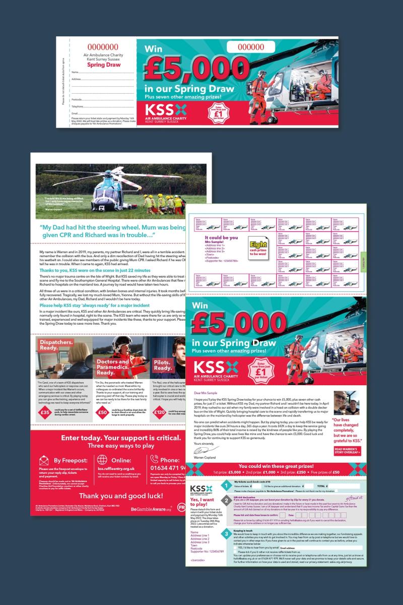 KSS Air Ambulance Spring draw campaign letter with form and an example draw ticket.