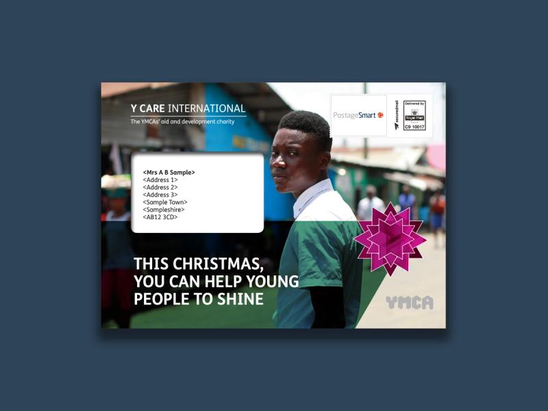 Y Care International appeal envelope with an image of a young man in a village turning back to look at the camera with a caption of "This Christmas you can help young people to shine".
