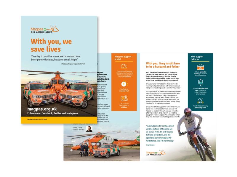 Magpas Air Ambulance fundraising campaign folding letter showing the bright orange vehicles and with the caption "With you, we save lives".