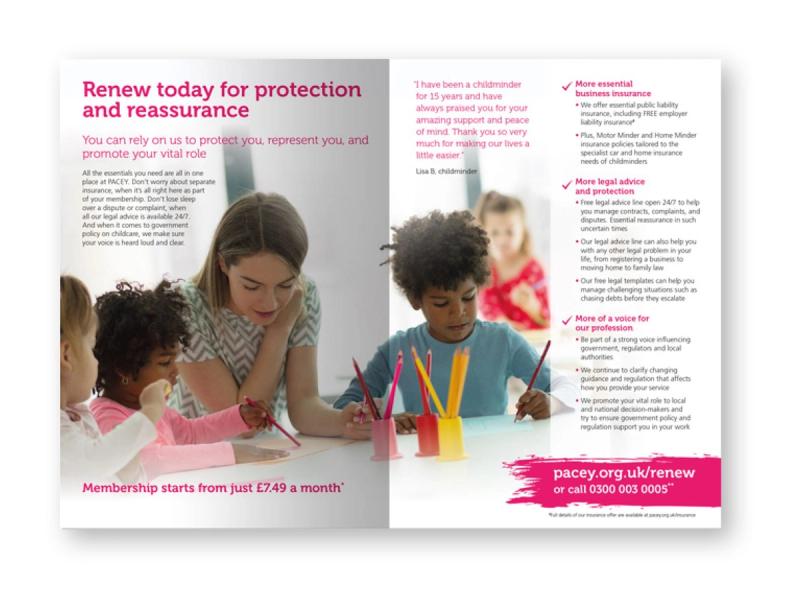 PACEY renewal brochure inner spread showing a young woman teaching three young children at a desk with the caption "Renew today for protection and reassurance".