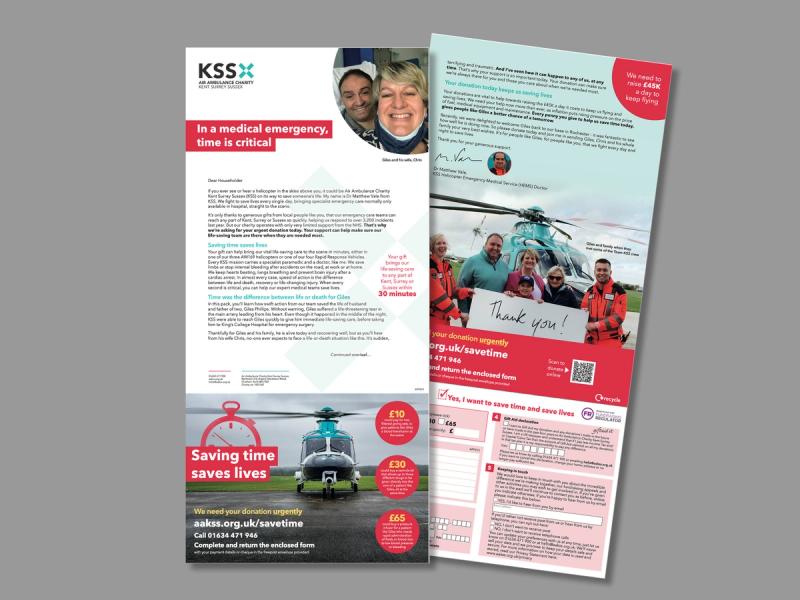KSS Air Ambulance - Saving time saves lives campaign letter displaying information on KSS and how to donate.