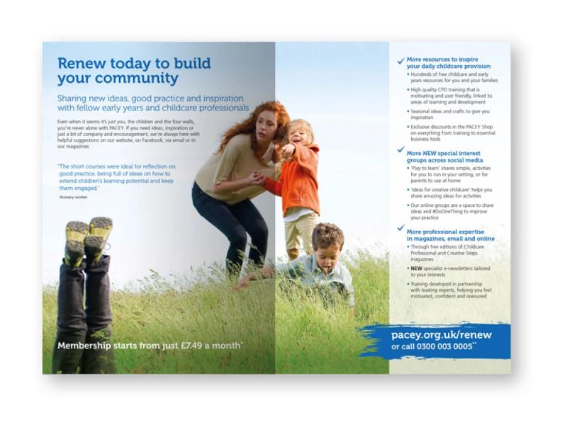 PACEY renewal brochure inner spread showing a woman outside at the top of a hill bent next to a child in an orange hoodie pointing down the hill with the caption "Renew today to build your community".