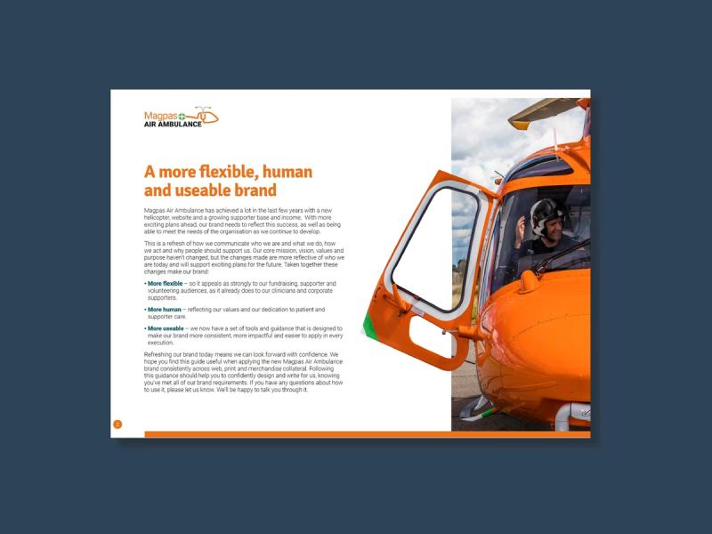 Magpas brand guideline page showing a partial shot of a bright orange helicopter with the caption "A more flexible, human and useable brand".