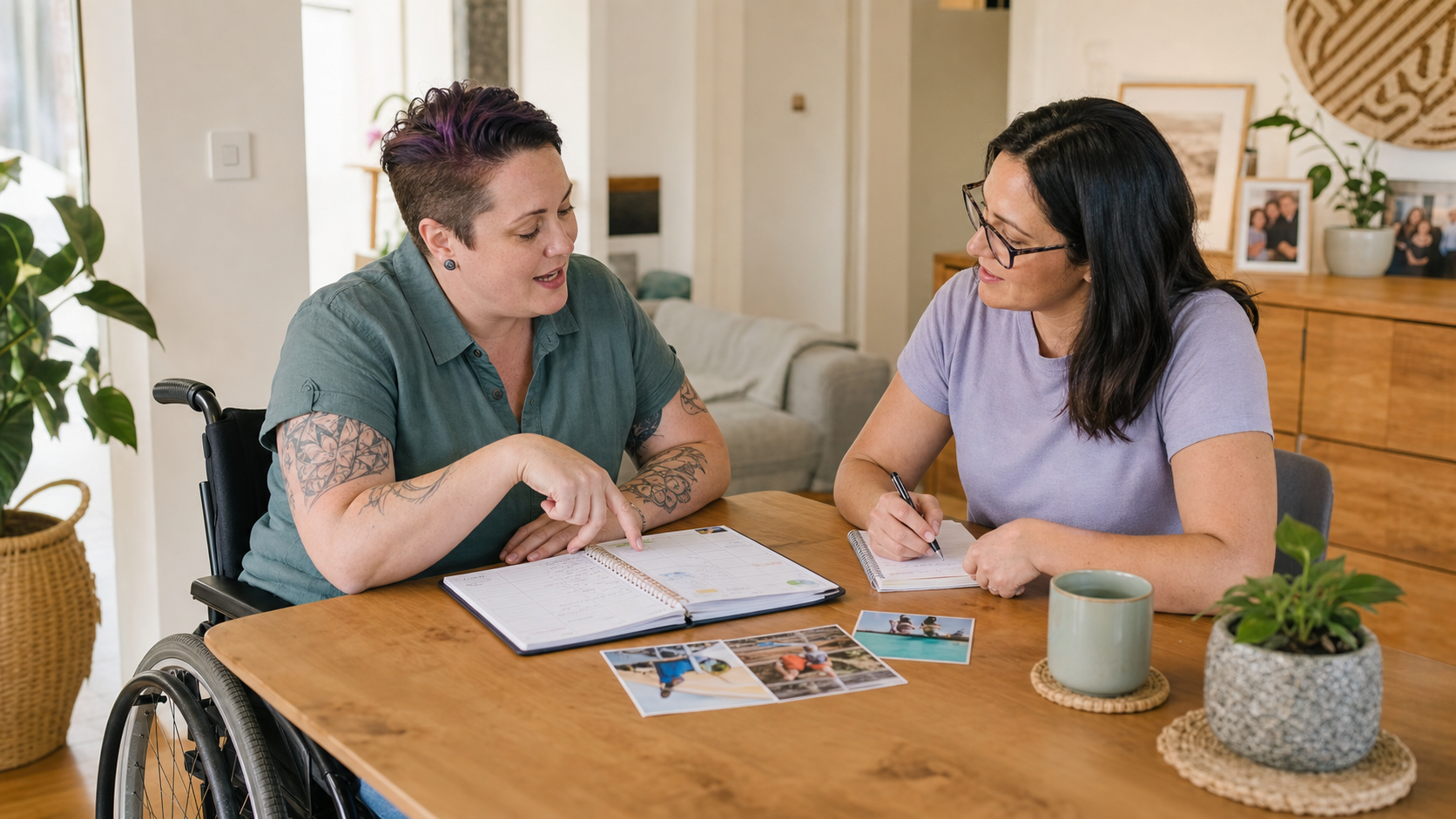 An NDIS participant using a wheelchair discusses her goals and weekly plans with a support worker at home.