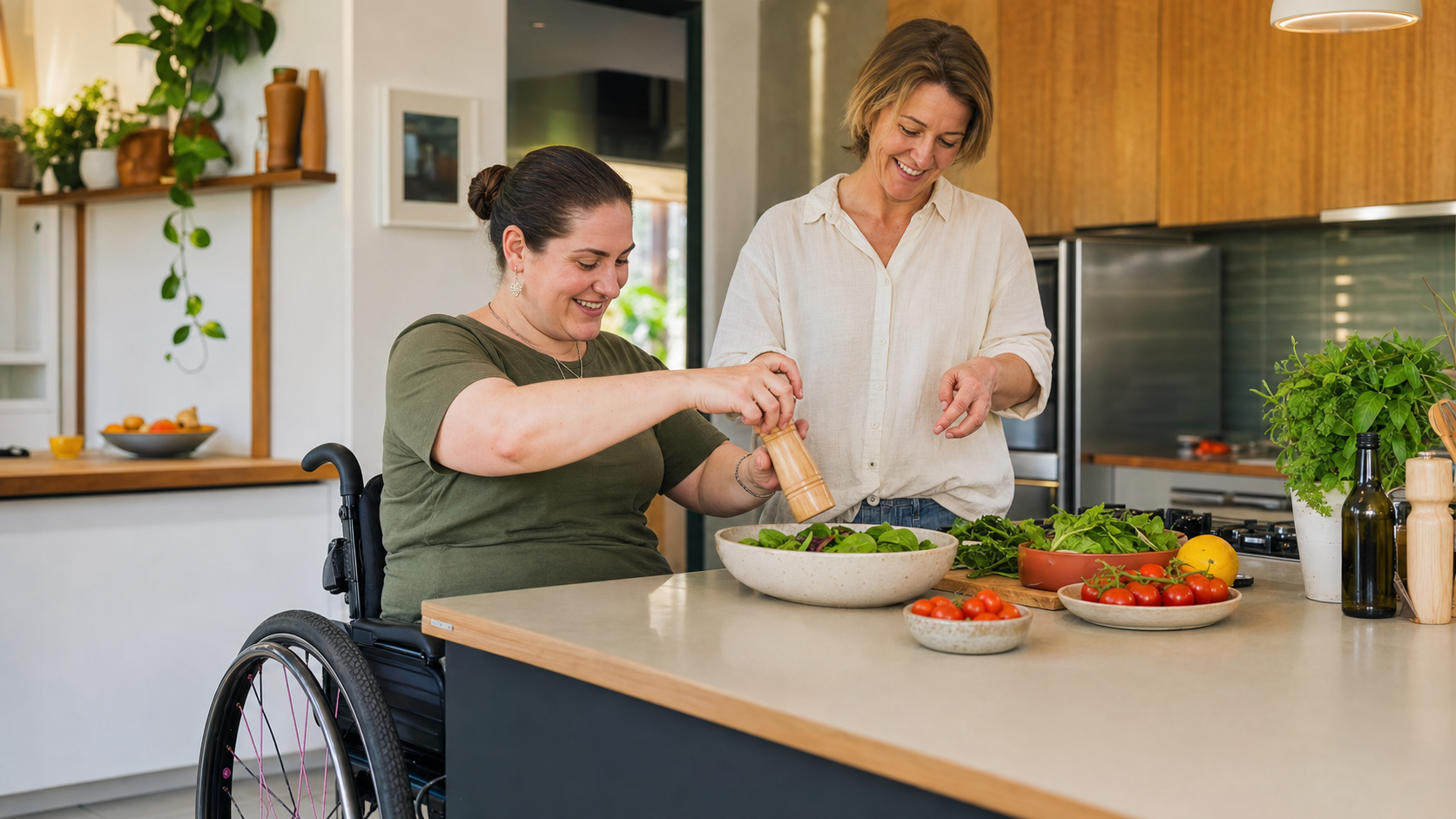 An NDIS participant using a wheelchair prepares a fresh salad with assistance from a support worker in an accessible home kitchen.