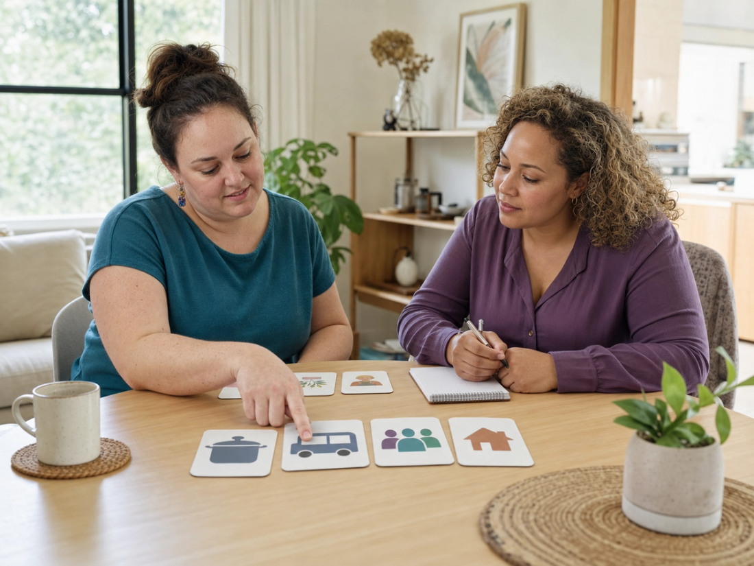 NDIS participant choosing between visual cards for everyday activities while a support coordinator listens and takes notes.   1:07 PM