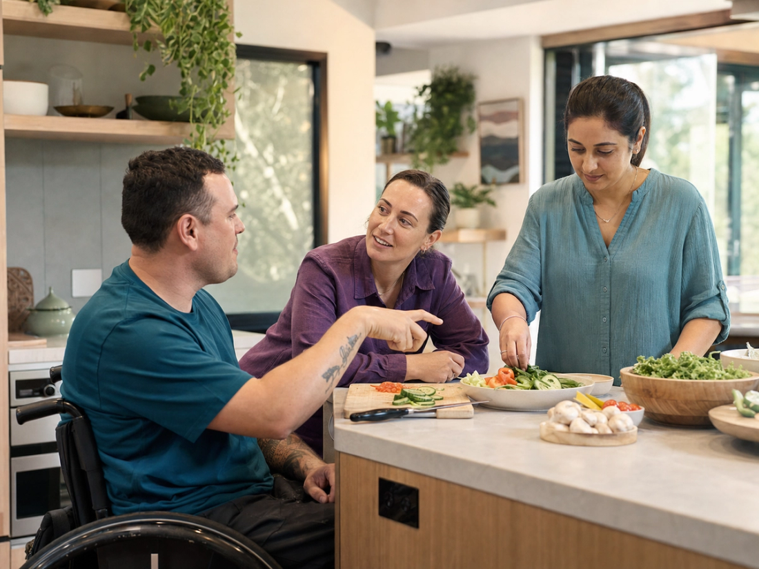 NDIS participant leading a cooking activity while two support coordinators listen and work alongside him in an accessible kitchen.