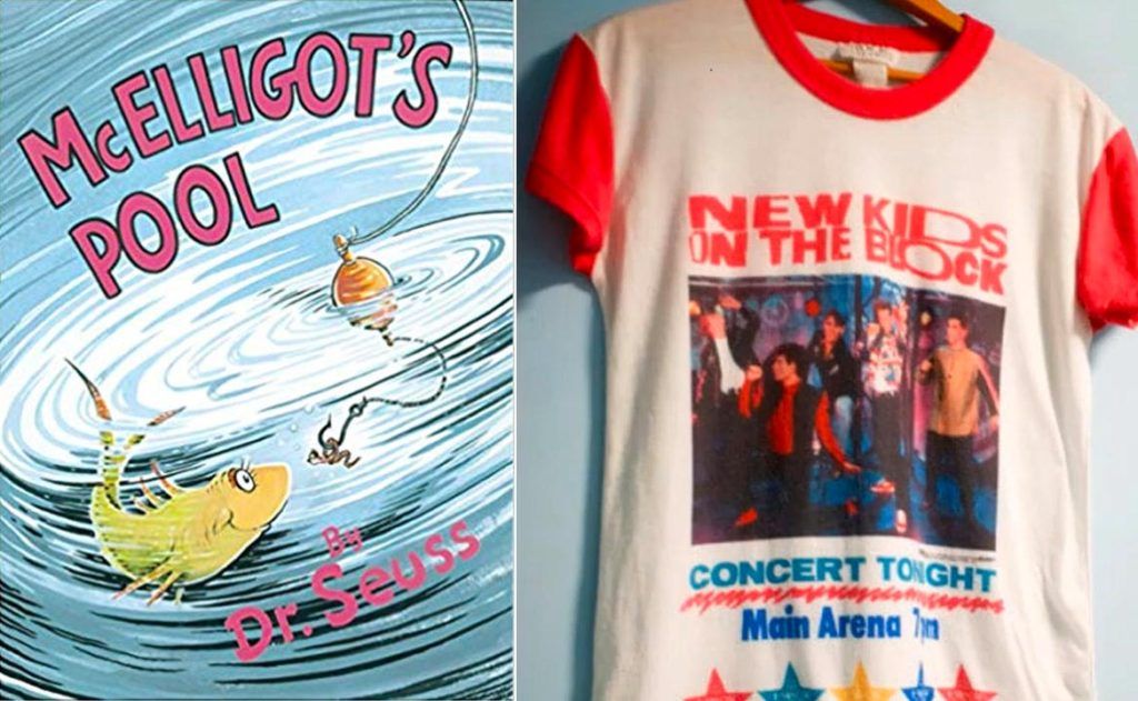 Dr. Seuss book McElligot's Pool and New Kids on the Block concert T-shirt (WSOC-TV)