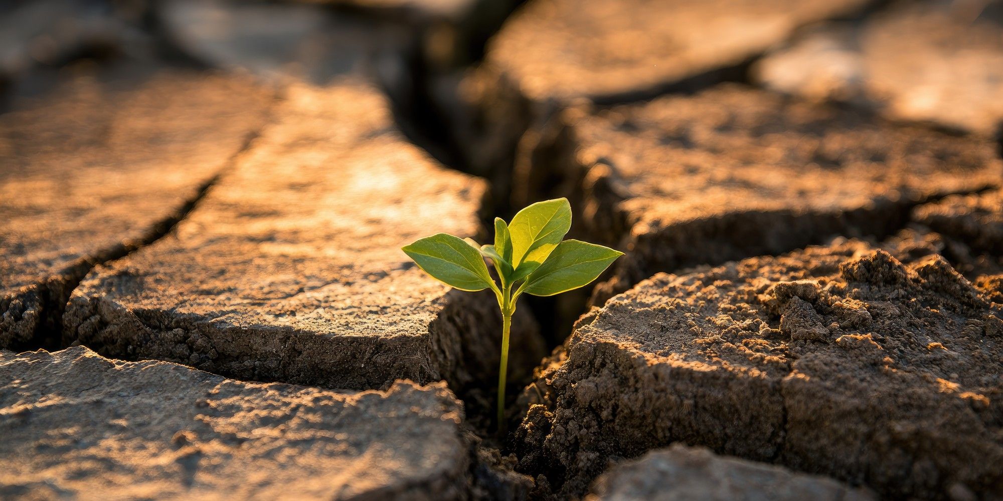 A small seedling with four broad leaves pushes up through a wide crack in dry, deeply fissured earth, representing growth returning to depleted ground.