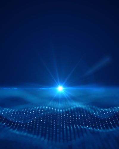 A high-definition, minimalist particle field visualisation representing market addressability, showing a singular light source above a deep, complex wave structure of out-of-market buyer potential.
