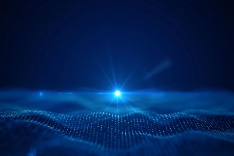 A high-definition, minimalist particle field visualisation representing market addressability, showing a singular light source above a deep, complex wave structure of out-of-market buyer potential.