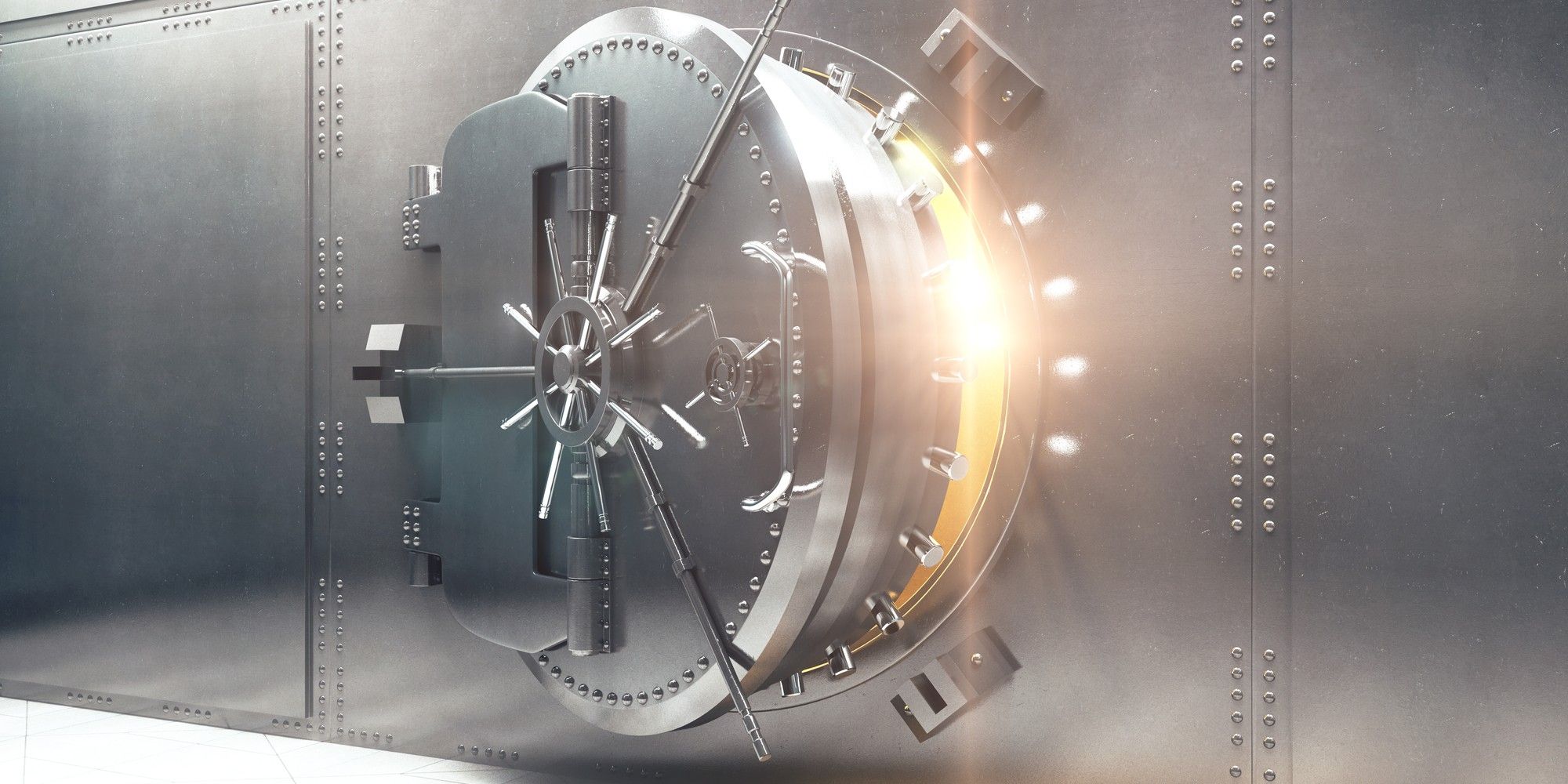 A heavy steel bank vault door, ajar and glowing with light at its rim, representing the hidden exposure that comes with opening up customer data to partners.