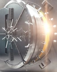A heavy steel bank vault door, ajar and glowing with light at its rim, representing the hidden exposure that comes with opening up customer data to partners.