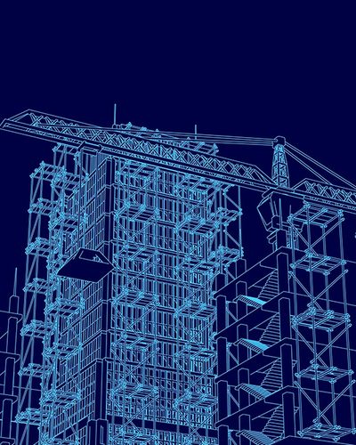 Blueprint rendering of scaffolding and construction, representing scaling operating models
