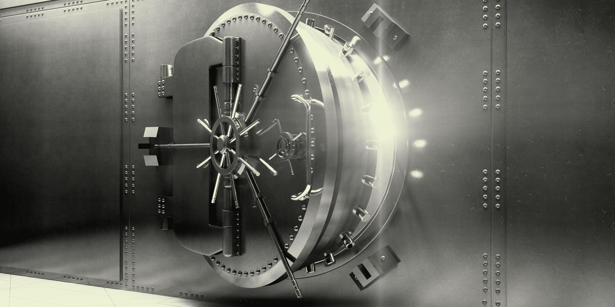 A heavy steel bank vault door, ajar and glowing with light at its rim, representing the hidden exposure that comes with opening up customer data to partners.