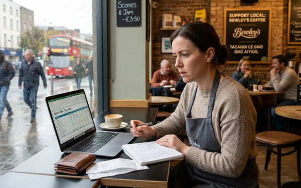 A female Irish café owner reviewing a cash flow spreadsheet on a laptop to address a shortfall, set in a cozy coffee shop with a rainy Dublin street and a "Support Local" sign in the background.