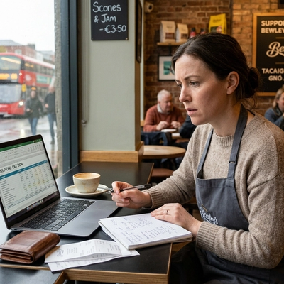 A female Irish café owner reviewing a cash flow spreadsheet on a laptop to address a shortfall, set in a cozy coffee shop with a rainy Dublin street and a "Support Local" sign in the background.