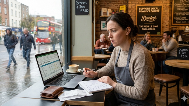 A female Irish café owner reviewing a cash flow spreadsheet on a laptop to address a shortfall, set in a cozy coffee shop with a rainy Dublin street and a "Support Local" sign in the background.