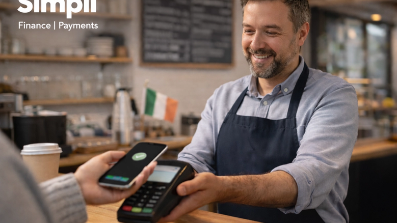 A smiling small café owner stands behind a wooden counter while holding out a card terminal as a customer taps a smartphone to make a contactless payment. The setting is a warm, modern café with shelves, a menu board, takeaway coffee cup, and a small Irish flag visible in the softly blurred background.