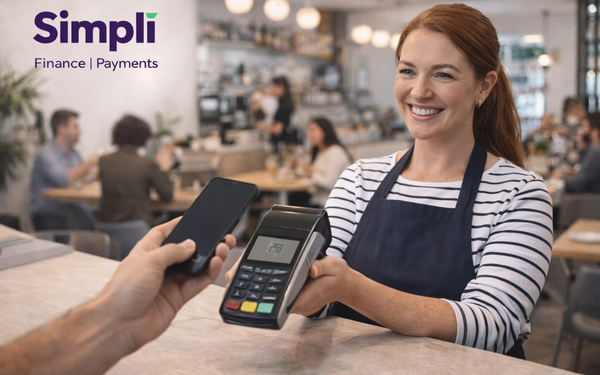 Female small business owner accepting a contactless phone payment in a busy restaurant, holding a card terminal across the counter, with the Simplí Finance | Payments logo in the top left.