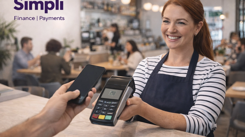 Female small business owner accepting a contactless phone payment in a busy restaurant, holding a card terminal across the counter, with the Simplí Finance | Payments logo in the top left.