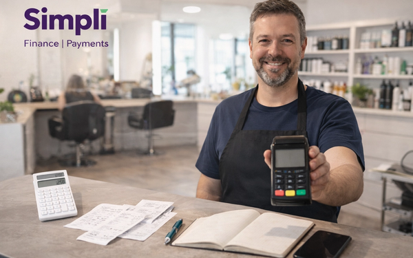 Smiling salon owner standing behind a counter and holding a card terminal, with receipts, a calculator, notebook, and phone on the counter, in a bright modern salon with the Simplí Finance | Payments logo in the top left corner.