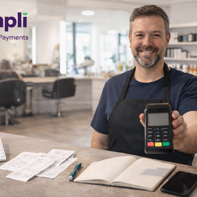 Smiling salon owner standing behind a counter and holding a card terminal, with receipts, a calculator, notebook, and phone on the counter, in a bright modern salon with the Simplí Finance | Payments logo in the top left corner.