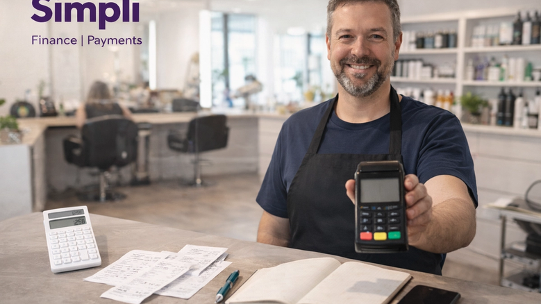 Smiling salon owner standing behind a counter and holding a card terminal, with receipts, a calculator, notebook, and phone on the counter, in a bright modern salon with the Simplí Finance | Payments logo in the top left corner.