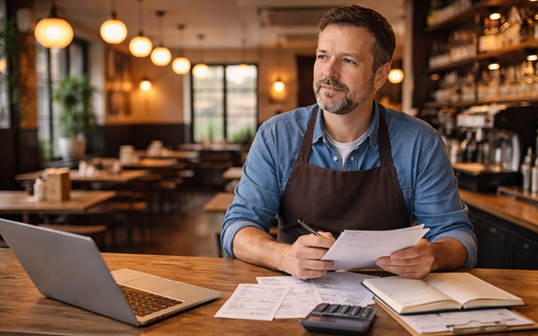 Alt text:  Hospitality business owner standing in a quiet café or pub during slow season, reviewing paperwork at a wooden counter with a laptop, receipts, calculator, and notebook, while empty tables and warm lighting fill the background.