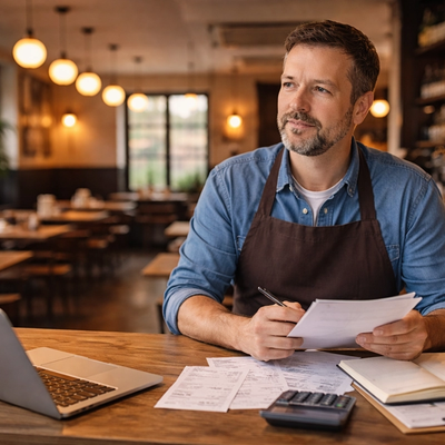 Alt text:  Hospitality business owner standing in a quiet café or pub during slow season, reviewing paperwork at a wooden counter with a laptop, receipts, calculator, and notebook, while empty tables and warm lighting fill the background.