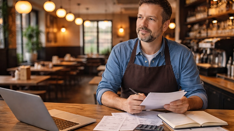 Alt text:  Hospitality business owner standing in a quiet café or pub during slow season, reviewing paperwork at a wooden counter with a laptop, receipts, calculator, and notebook, while empty tables and warm lighting fill the background.